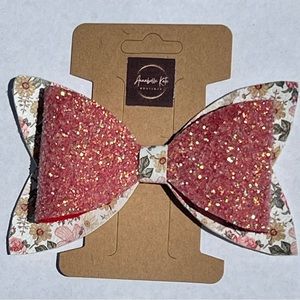 Boutique Custom Made Faux Leather Vintage Floral with Rust Glitter Hair Bow
